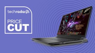 black gaming laptop against purple background
