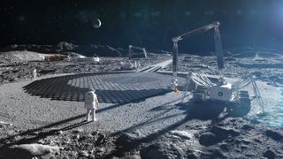Astronauts watch giant spider cranes 3d-print landing pads on the moon.