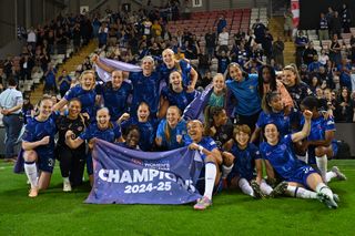 Chelsea Women players celebrate after winning the Barclays Women's Super League during a Barclays Women's Super League match between Manchester United and Chelsea FC at Leigh Sports Village on April 30, 2025 in Leigh, England.