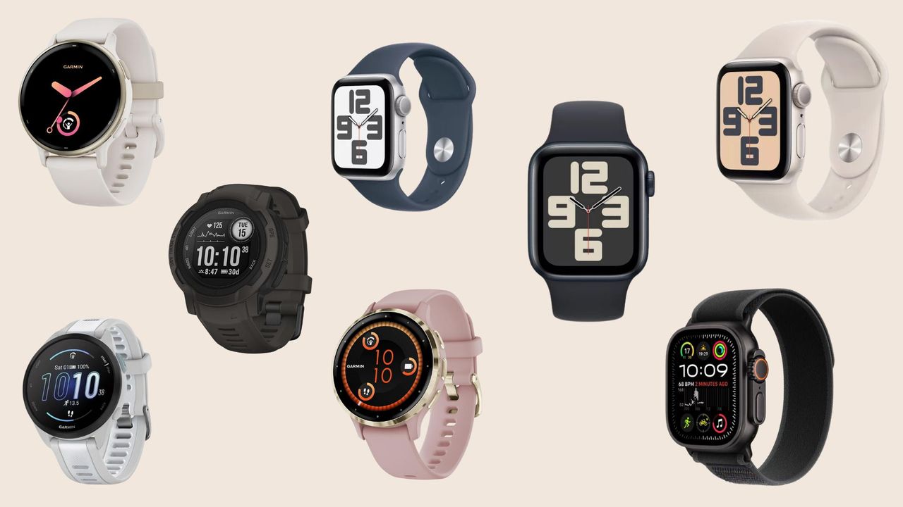 A selection of Garmin and Apple Watches, representing the debate between Garmin vs Apple Watch