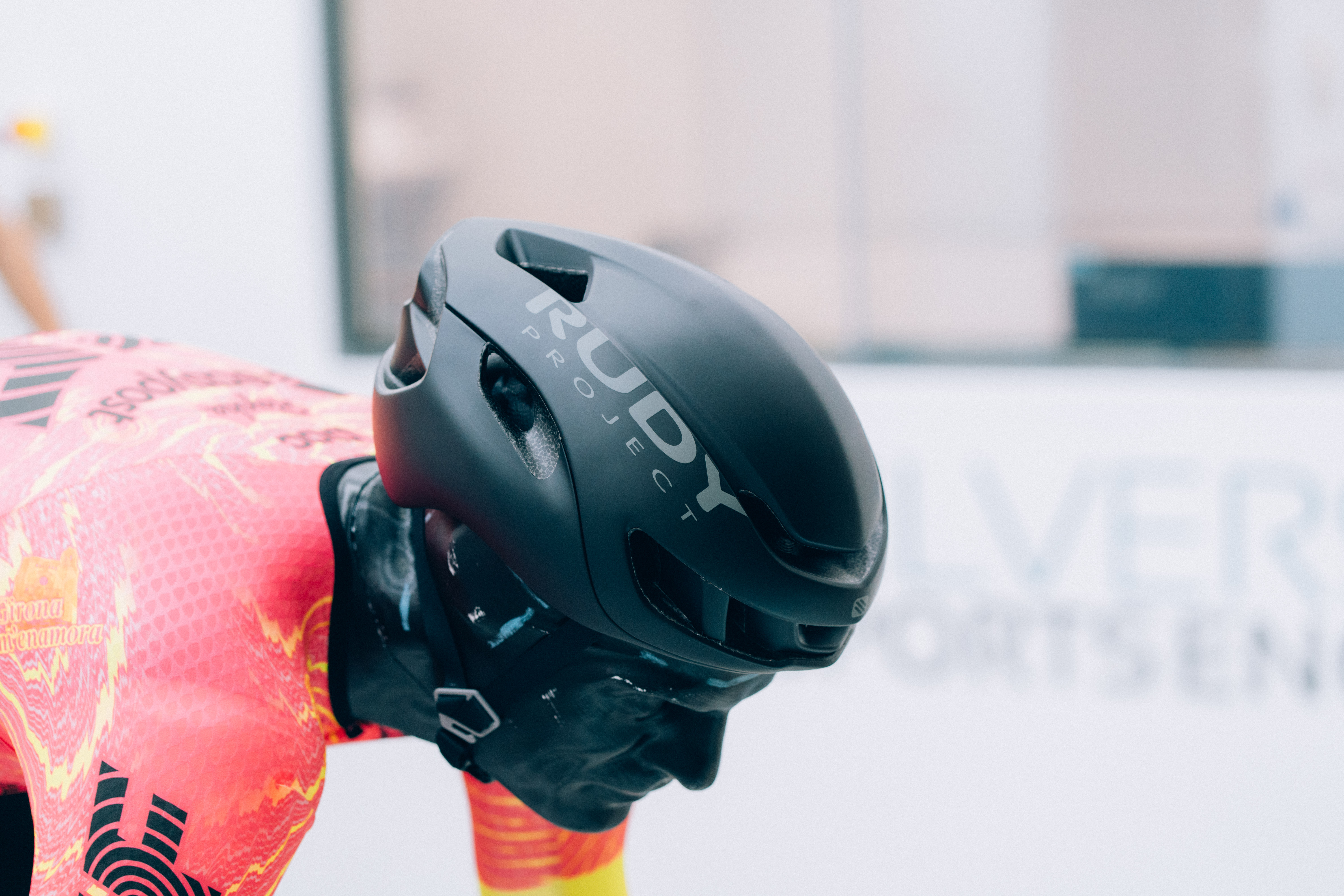 A close up of helmets being tested in the wind tunnel