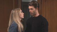 Eden McCoy and Evan Hofer as Josslyn and Dex looking at each other in General Hospital