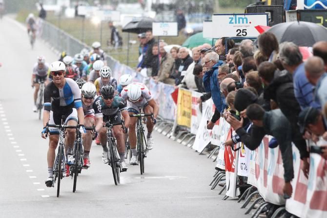 Theo Bos (Blanco) about to begin his celebration for winning stage 2 at the Ster ZLM Toer