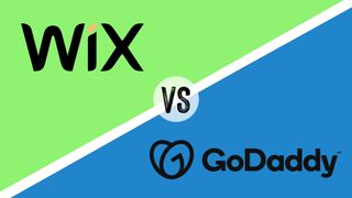 Wix vs GoDaddy on a green and blue background.