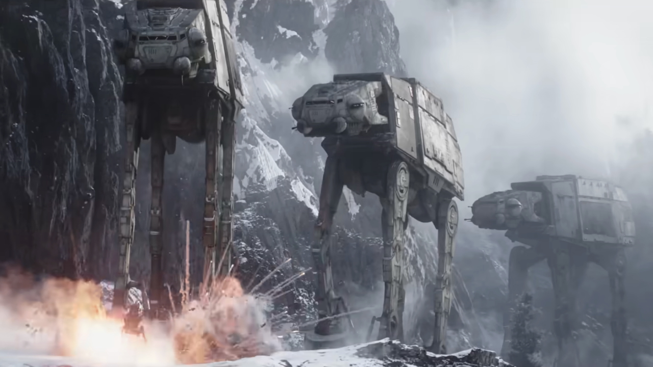 AT-AT's walking along mountain edge amid explosions in The Mandalorian and Grogu