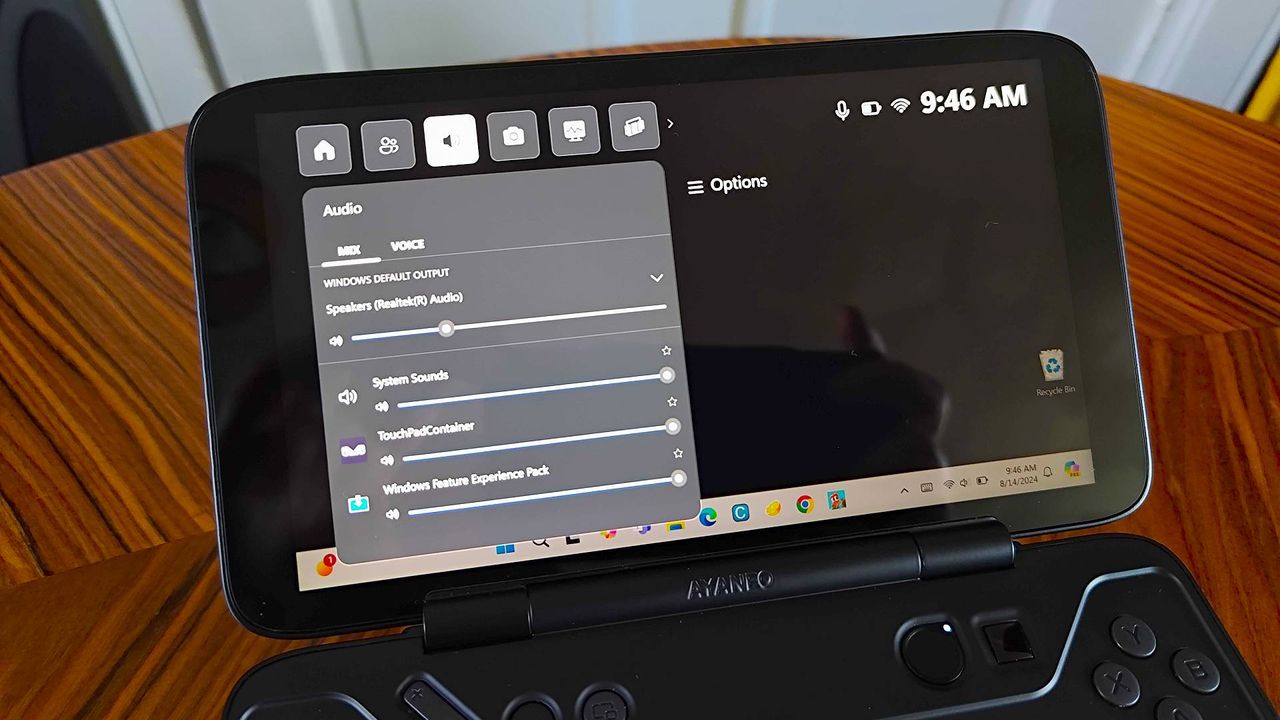 Close up of Ayaneo Flip DS with Xbox Game Bar compact mode on screen with audio settings open