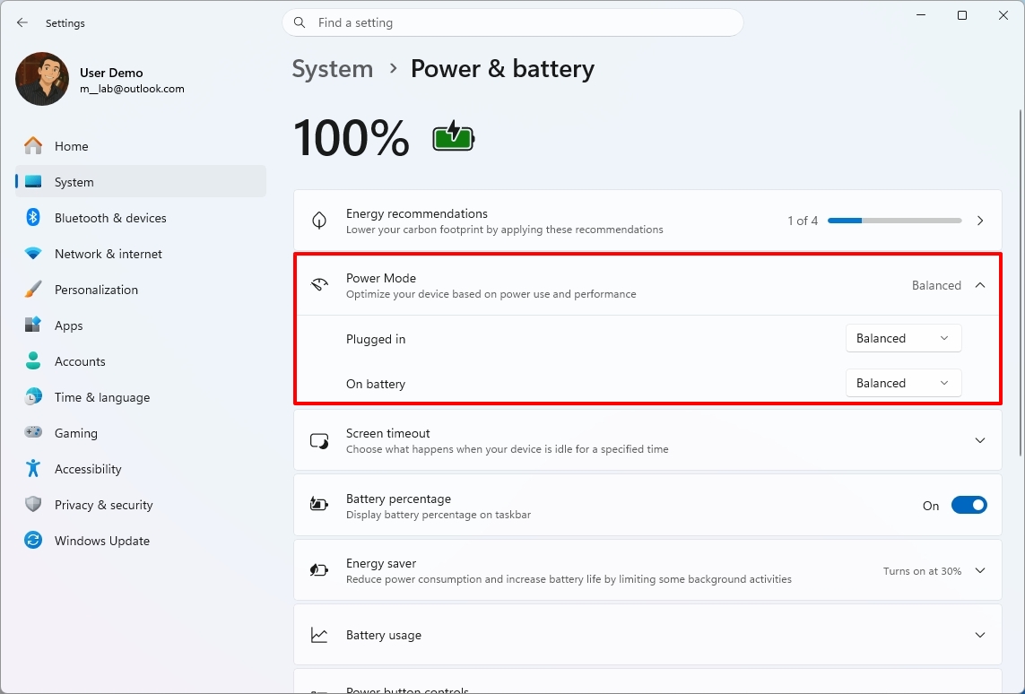 Settings app on "System &amp;gt; Power &amp;amp; battery."