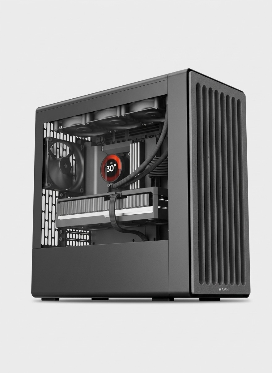A Havn BF360 ATX mid tower PC case on a grey background