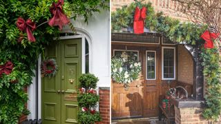 house exteriors with red bows tied in foliage