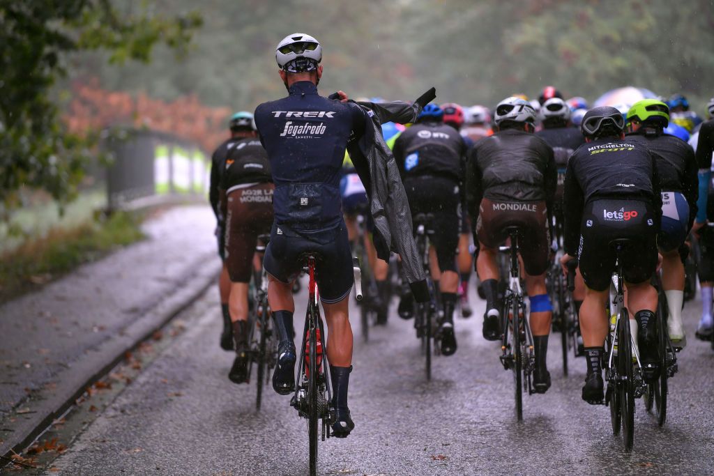 AALTER BELGIUM OCTOBER 01 Rider of Team Trek Segafredo Rain Peloton Detail view during the 16th BinckBank Tour 2020 Stage 3 a 157km stage from Aalter to Aalter BinckBankTour BinckBankTour on October 01 2020 in Aalter Belgium Photo by Luc ClaessenGetty Images