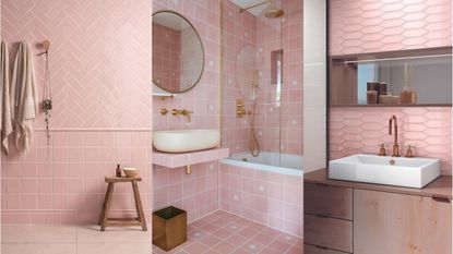 Three images of pink tiled bathrooms