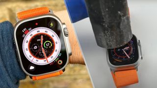 a photo of the Apple Watch Ultra and the Ultra being smashed with a hammer