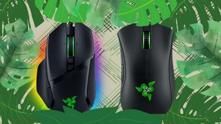 Two razer gaming mice against a background of leaves and green plants