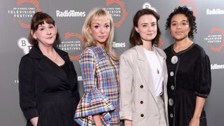 Heidi Thomas, Helen George, Jennifer Kirby and Leonie Elliott attend the "Call The Midwife" photocall during the BFI & Radio Times Television Festival 2019 at BFI Southbank on April 14, 2019 in London, England.