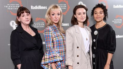 Call the Midwife, Heidi Thomas, Helen George, Jennifer Kirby and Leonie Elliott attend the "Call The Midwife" photocall during the BFI & Radio Times Television Festival 2019 at BFI Southbank on April 14, 2019 in London, England.