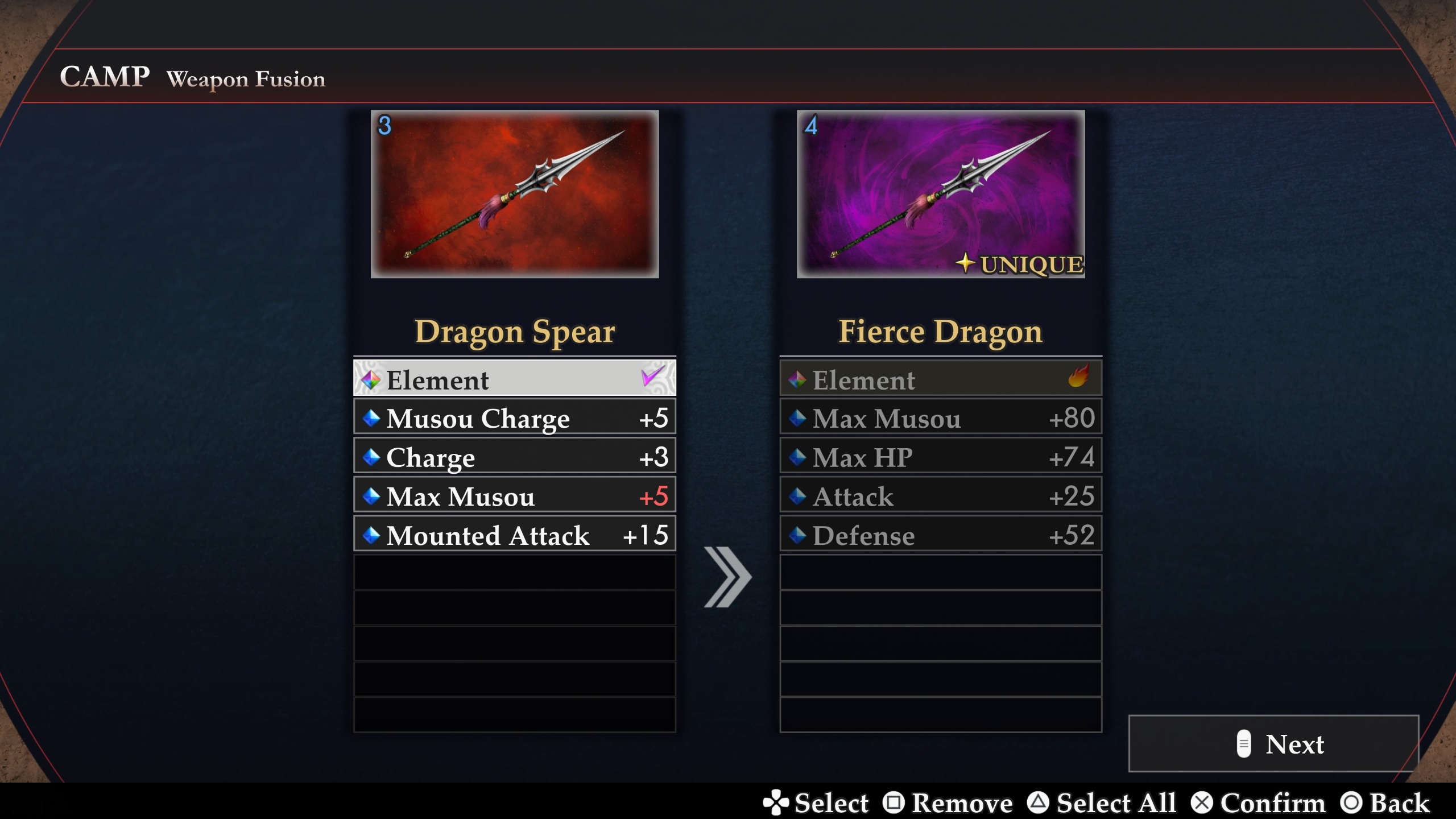 Dynasty Warriors 3: Complete Edition Remastered weapon screen. A level 3 Dragon Spear is transferring skills to a more powerful level 4 Fierce Dragon Spear