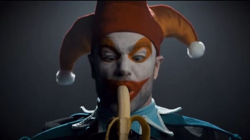 A jester eating a banana