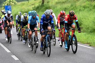 BERGAMO ITALY MAY 21 LR Jos Joaqun Rojas of Spain and Movistar Team and Andrea Pasqualon of Italy and Team Bahrain Victorious compete during the 106th Giro dItalia 2023 Stage 15 a 195km stage from Seregno to Bergamo UCIWT on May 21 2023 in Bergamo Italy Photo by Tim de WaeleGetty Images