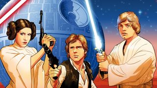 Princess Leia, Han Solo, and Luke Skywalker depicted in art for Star Wars: Unlimited.