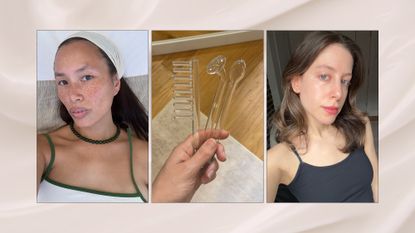 Photo collage of Jamie Schneider and Anne-Victoire Lefevre with glowing skin and high-frequency device attachments