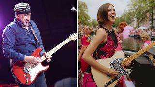 Left-Pete Townshend of The Who performs at Arena at Gwinnett Center on April 23, 2015 in Duluth, Georgia; Right-Inge Lamboo playing her Fender Telecaster while on a boat in Amsterdam