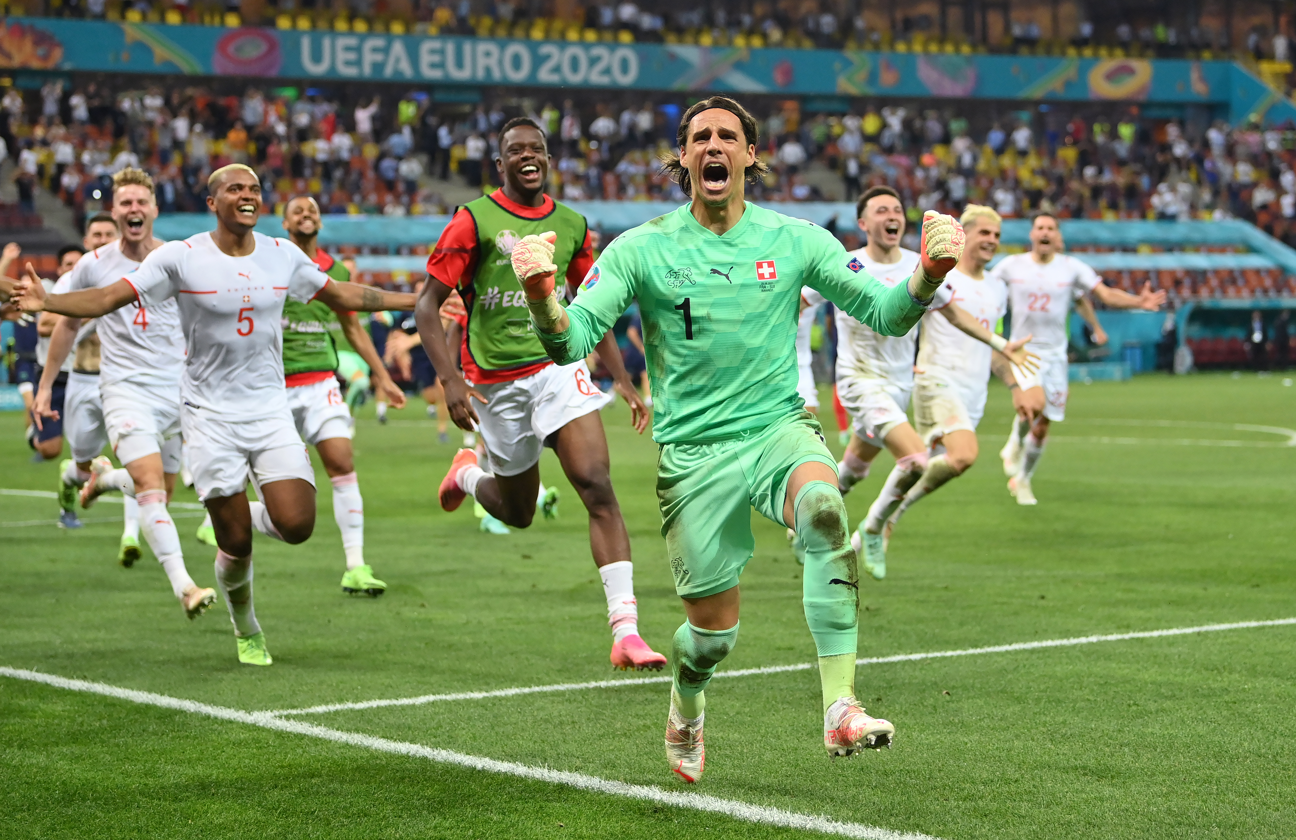 BUCHAREST, ROMANIA - JUNE 28: Yann Sommer of Switzerland celebrates after saving the decisive penalty taken by Kylian Mbappe of France to win the UEFA Euro 2020 Championship Round of 16 match between France and Switzerland at National Arena on June 28, 2021 in Bucharest, Romania. (Photo by Justin Setterfield/Getty Images)