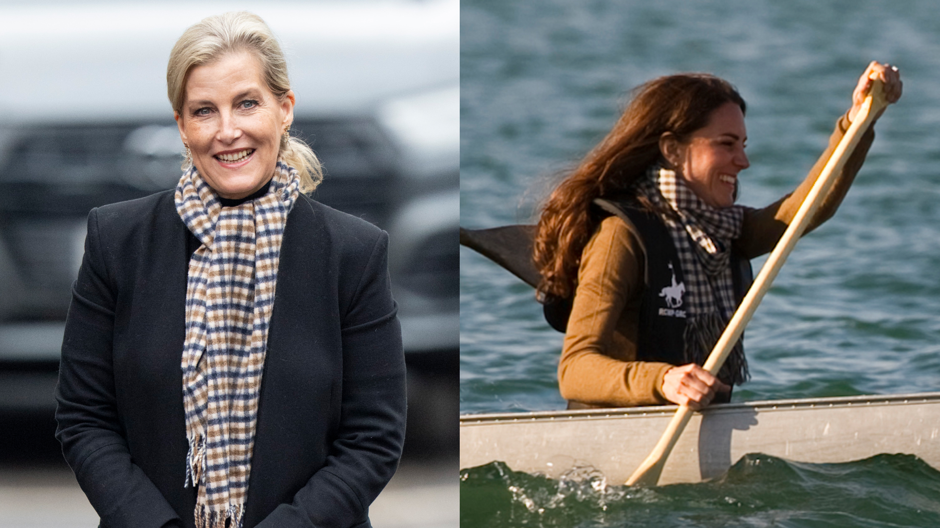 Duchess Sophie wearing a checked scarf and smiling; Princess Kate rowing a canoe in the same scarf