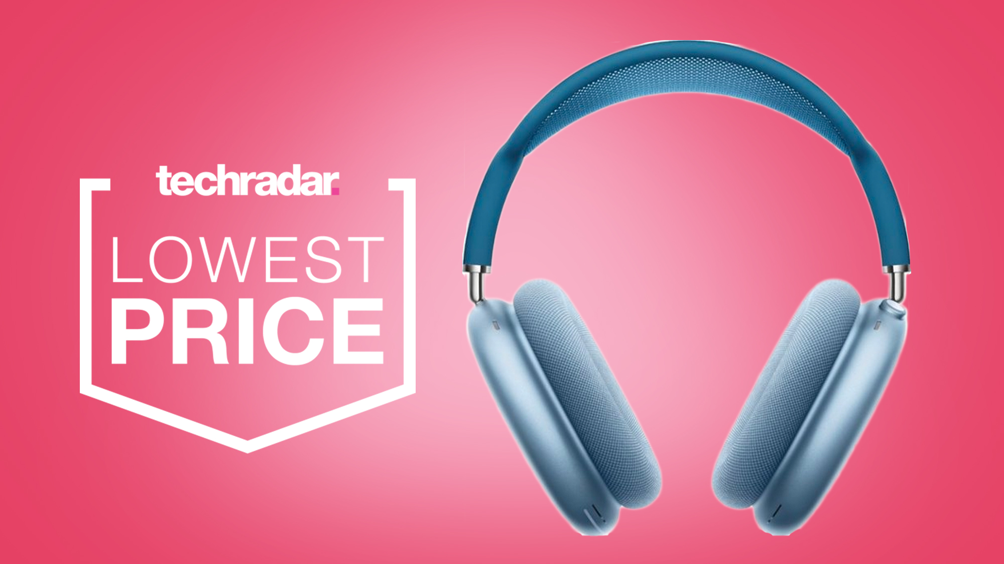 the airpods max headphones in blue against a pink background with a text box that reads 'lowest price'
