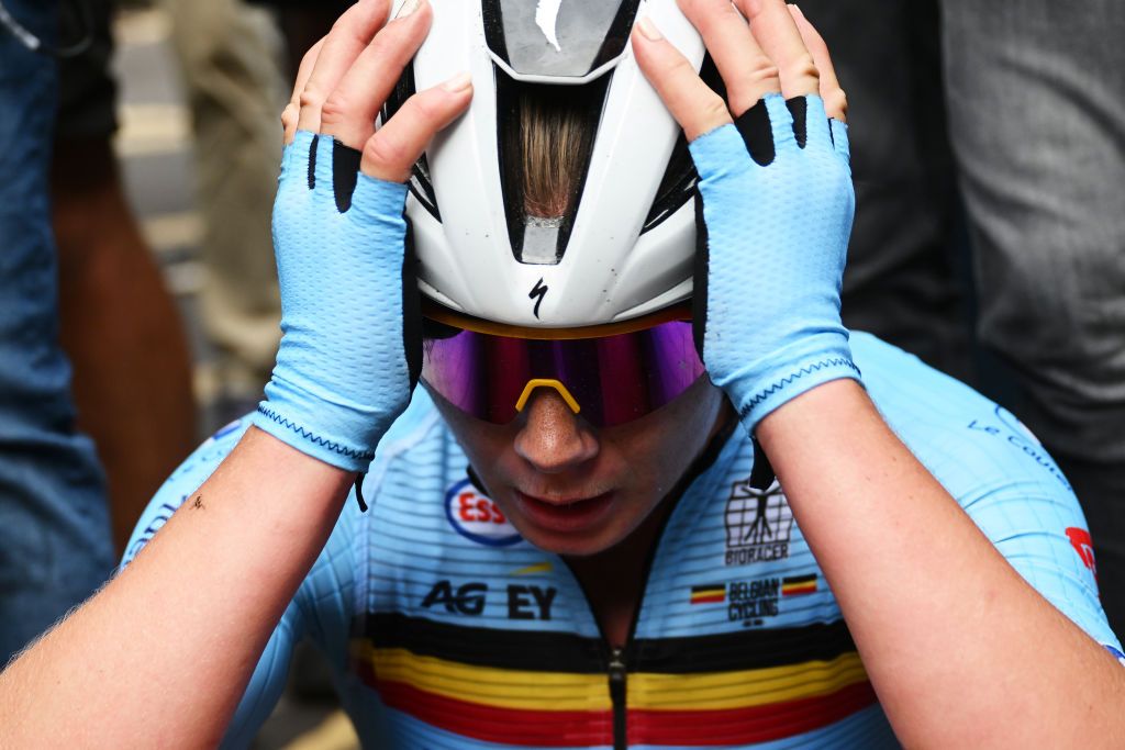 Gold medalist Lotte Kopecky of Belgium was emotional after winning the elite women&rsquo;s road race