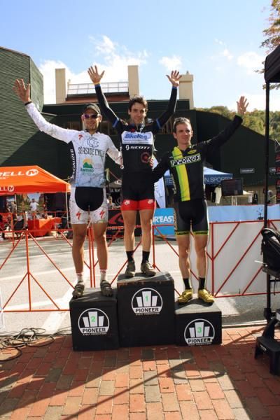 Elite men's podium (l-r): Philip Wong (Seaside Cycle - Antero Resources), 2nd; Justin Lindine (BikeReg.com / Joe's Garage / Scott), 1st; Dylan McNicholas (Pedro's), 3rd