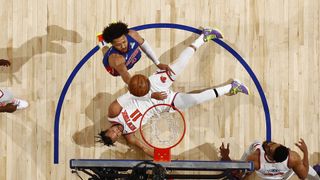 DETROIT, MI - APRIL 10: Cade Cunningham #2 of the Detroit Pistons shoots the ball during the game against the New York Knicks on April 10, 2025 at Little Caesars Arena in Detroit, Michigan. 