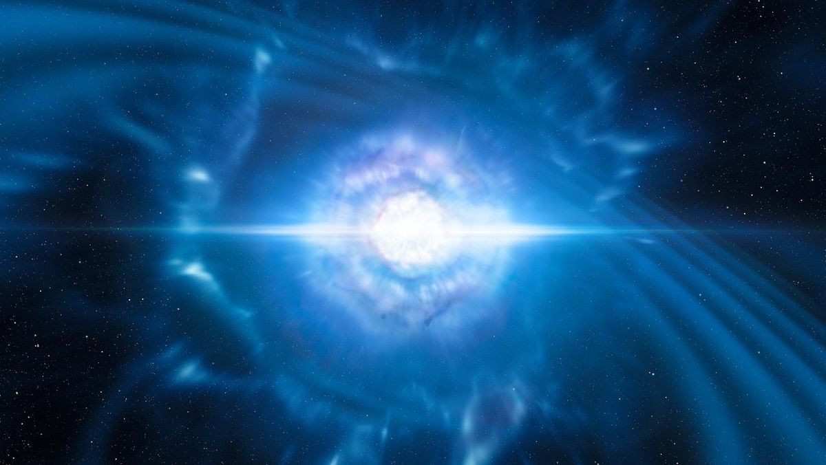 An artist&#039;s impression of the merger of two neutron stars, which could form a hypermassive neutron star.