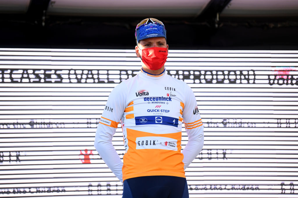 VALLTER 2000 SETCASES VALL CAMPRODON SPAIN MARCH 24 Podium Joo Almeida of Portugal and Team Deceuninck QuickStep Yellow best young jersey during the 100th Volta Ciclista a Catalunya 2021 Stage 3 a 2031km stage from Canal Olmpic de Catalunya to Vallter 2000 Setcases Vall Camprodon 2125m Mask Covid safety measures VoltaCatalunya100 on March 24 2021 in Vallter 2000 Setcases Vall Camprodon Spain Photo by David RamosGetty Images