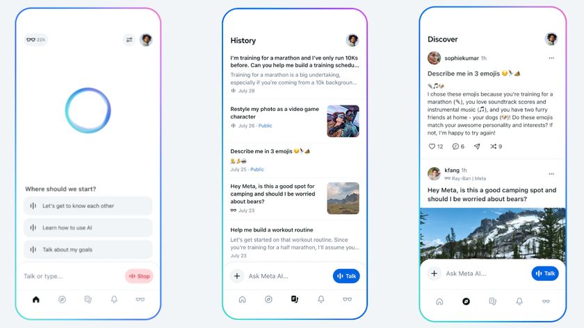 Official press screenshots of the new Meta AI app, showing the Home feed with Meta AI prompts, the History feed of your past queries, and a Discover tab of public, popular queries from other users.