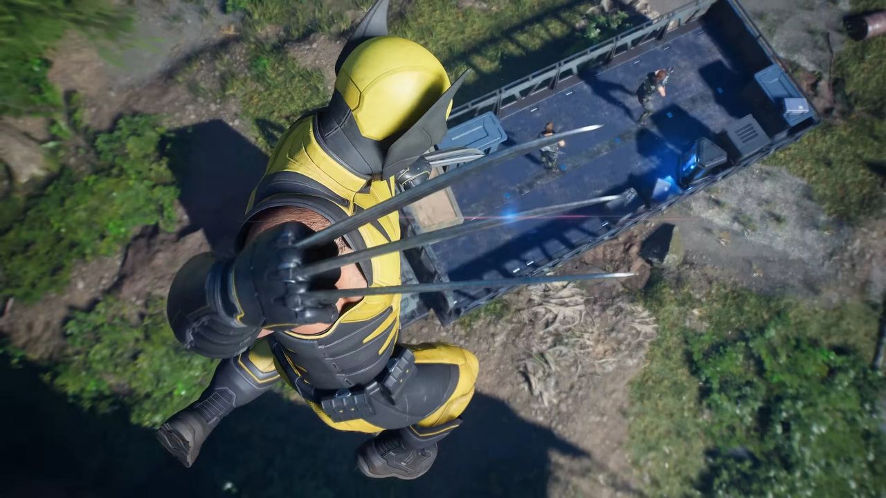 Wolverine jumps claws out towards two unsuspecting guards in the back of a truck in Marvel's Wolverine