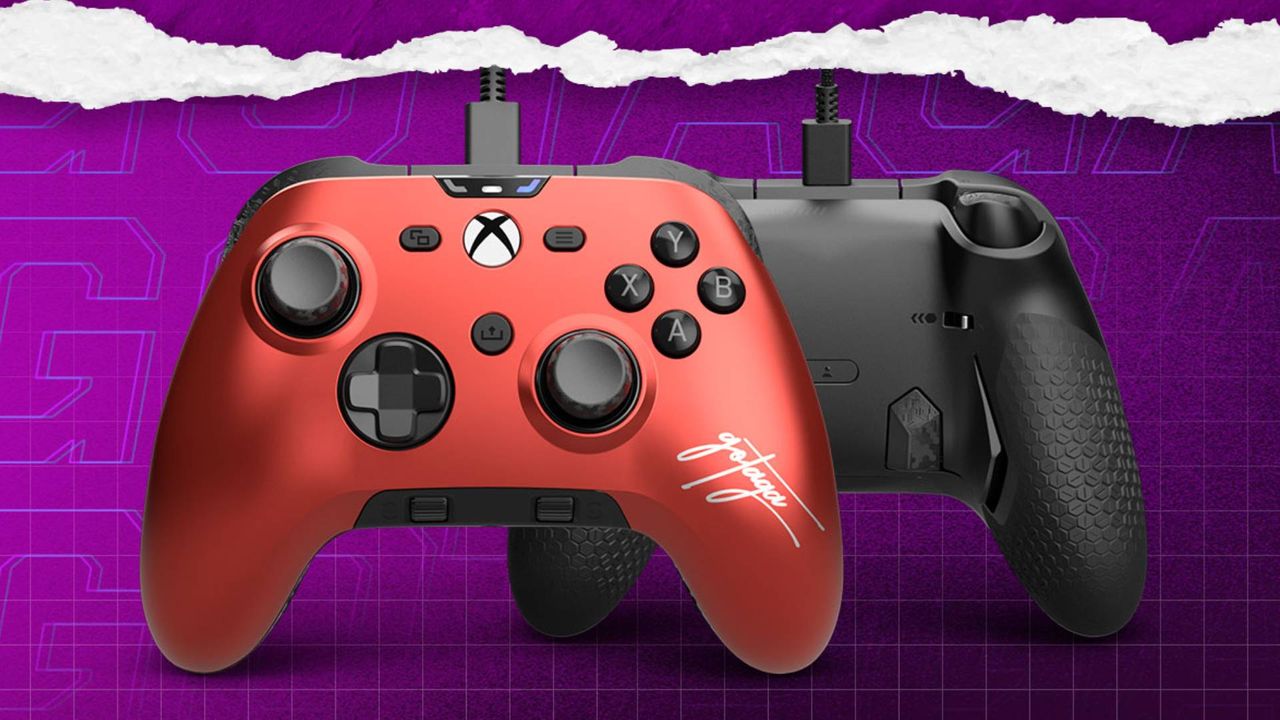 Scuff Valor Pro Gotaga edition in red with signature on left grip and purple backdrop
