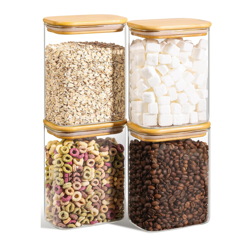 Four airtight containers stacked in twos, with food inside each one