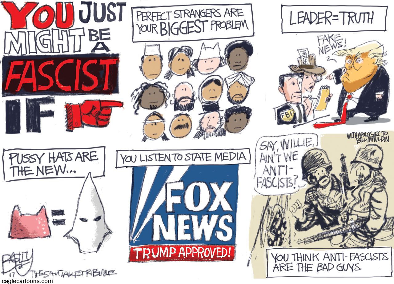 Political cartoon U.S. Trump fascist test Fox News Antifa