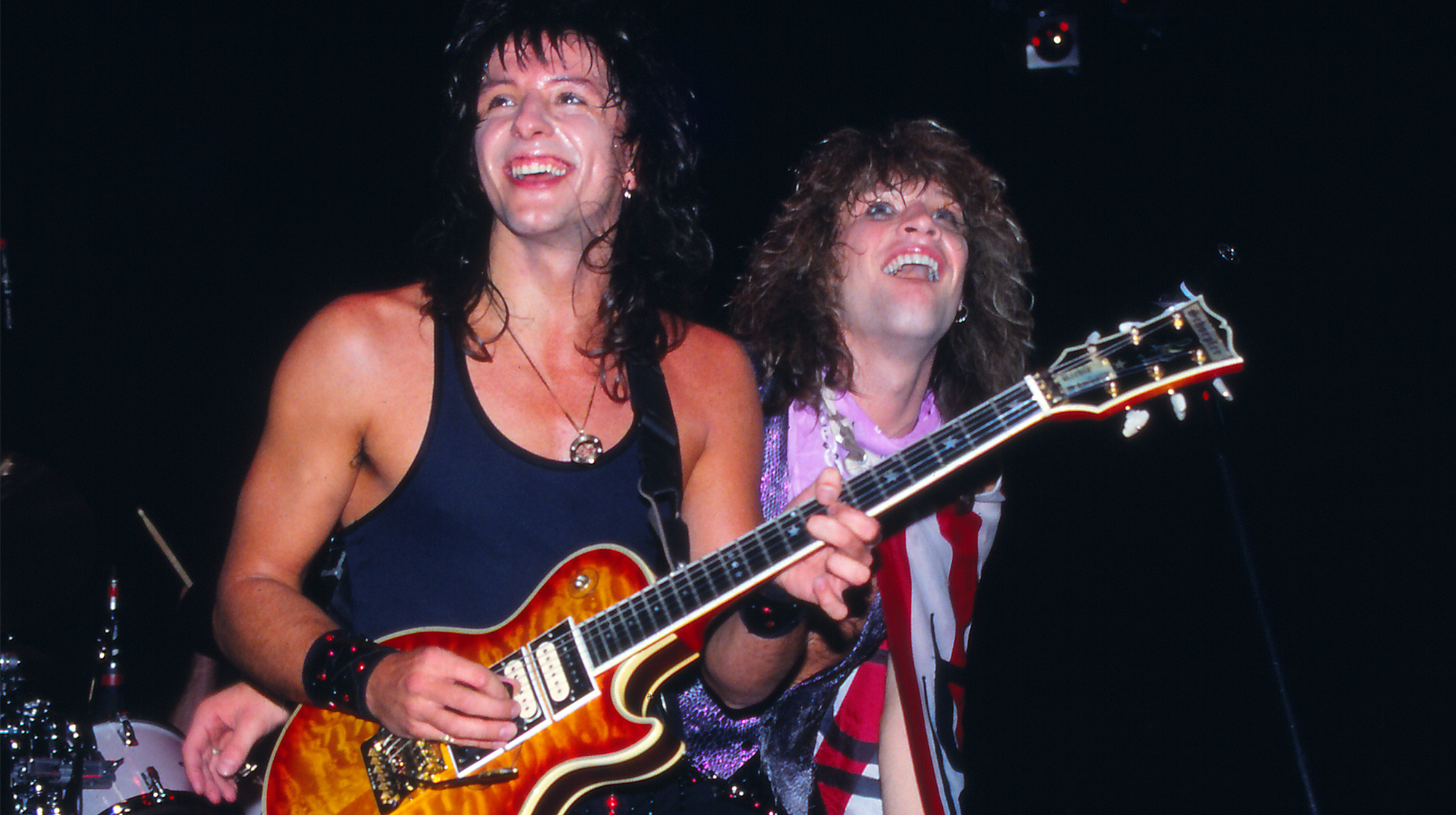 (L-R) Richie Sambora and Jon Bon Jovi of the band Bon Jovi in concert at The Spectrum 10/12/1985 in Philadelphia, Pennsylvania