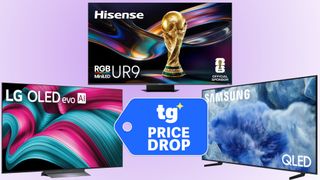A composite image of the following TVs: Hisense UR9 RGB Mini-LED TV, LG C5 OLED and Samsung Q8F QLED