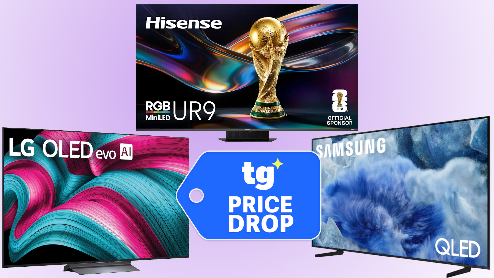A composite image of the following TVs: Hisense UR9 RGB Mini-LED TV, LG C5 OLED and Samsung Q8F QLED