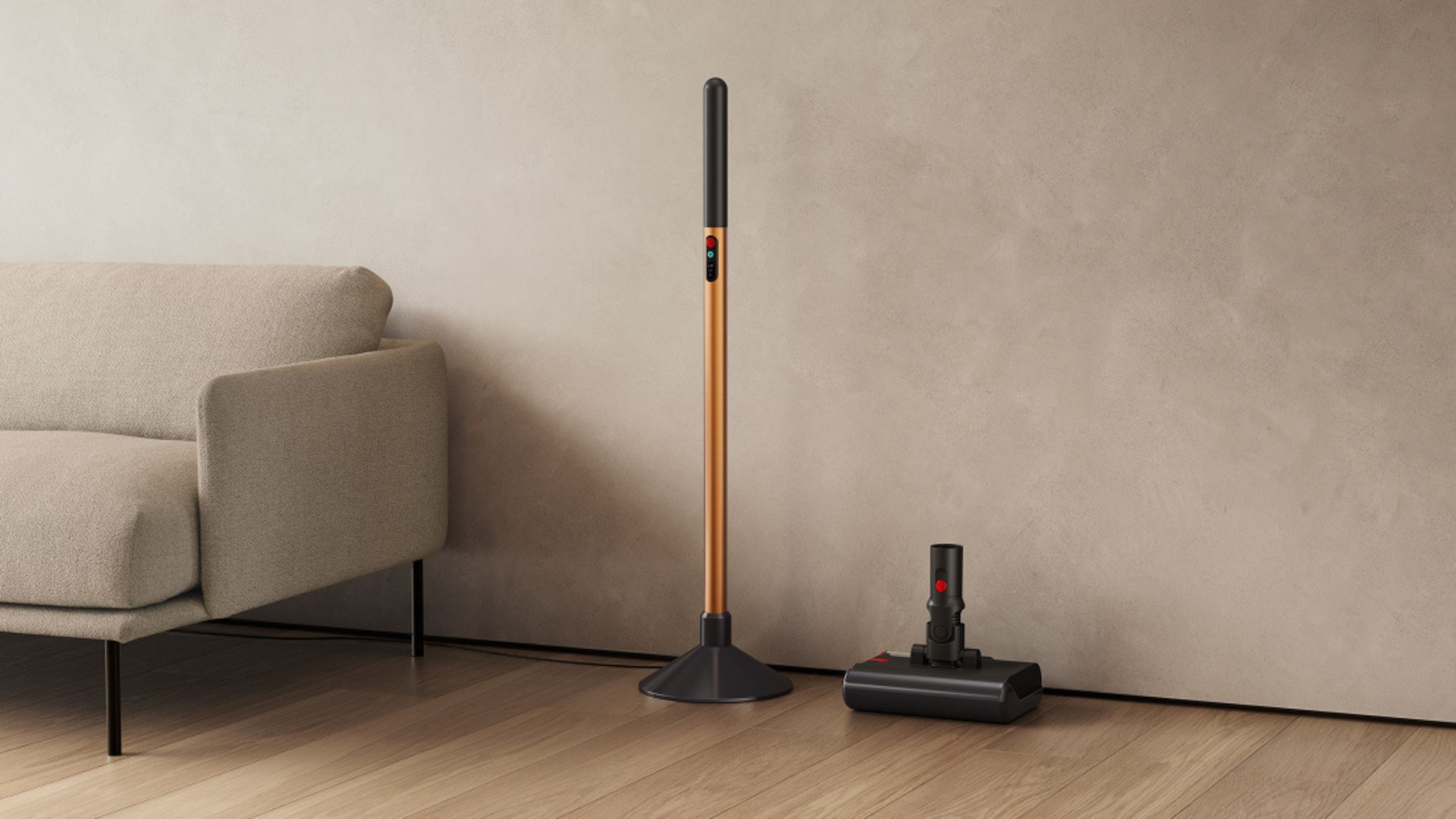 The Dyson PencilWash Vacuum Cleaner being stationed in a home, showing the mopping head in a separate area