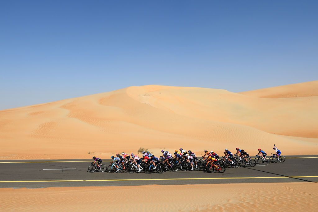 AL MIRFAUNITED ARAB EMIRATES FEBRUARY 10 Agnieszka SkalniakSojka of Poland and Team CanyonSRAM Racing Cedrine Kerbaol of France and Team CERATIZITWNT Pro Cyclin Christina Schweinberger of Austria and Team FenixDeceuninck Maria Apolonia Van T Geloof of The Netherlands and Team Human Powered Health Emma Cecilie Norsgaard Bjerg of Denmark and Movistar Team Lily Williams of The United States and Team Human Powered Health Pfeiffer Georgi of United Kingdom and Team DSM Lorena Wiebes of The Netherlands and Team SD Worx Daniek Hengeveld of The Netherlands and Team DSM Barbara Guarischi of Italy and Team SD Worx Franziska Koch of Germany and Team DSM Femke Markus of The Netherlands and Team SD Worx Charlotte Kool of The Netherlands and Team DSM Red Leader Jersey Elisa Longo Borghini of Italy and Team Trek Segafredo Audrey Cordon Ragot of France and Zaaf Cycling Team Silvia Persico of Italy and UAE Team ADQ and a general view of the breakaway competing during the 1st UAE Tour Women 2023 Stage 2 a 133km stage from Al Dhafra Castle to Al Mirfa UAETourWomen on February 10 2023 in Al Mirfa United Arab Emirates Photo by Tim de WaeleGetty Images