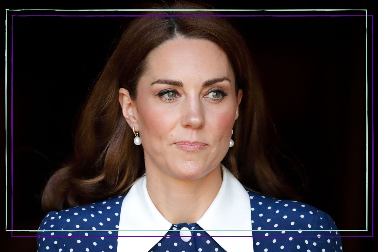 Kate Middleton looking serious, wearing a blue dress with a white collar / visiting the &#039;D-Day: Interception, Intelligence, Invasion&#039; exhibition at Bletchley Park on May 14, 2019 in Bletchley, England. 