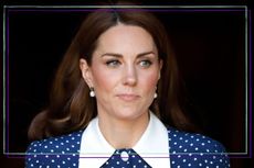 Kate Middleton looking serious, wearing a blue dress with a white collar / visiting the 'D-Day: Interception, Intelligence, Invasion' exhibition at Bletchley Park on May 14, 2019 in Bletchley, England. 