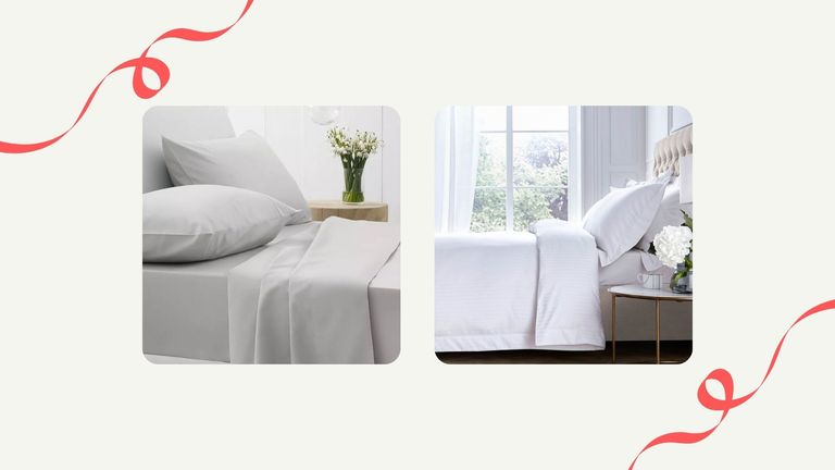 Two of the best Black Friday bedding deals shown side-by-side on a festive background