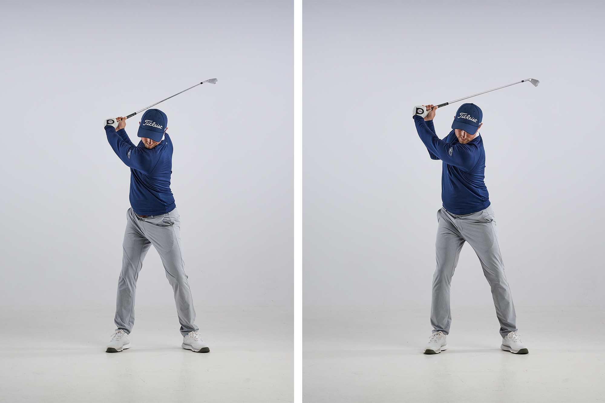 Alex Buckner at the top of backswing with two different hand depths