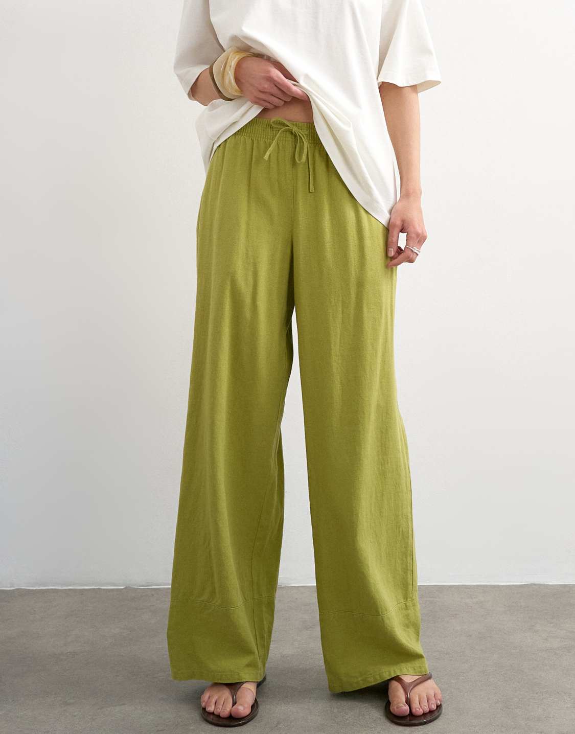 Topshop, Linen Blend Straight Leg Pants With Deep Cuffs in Mid Green