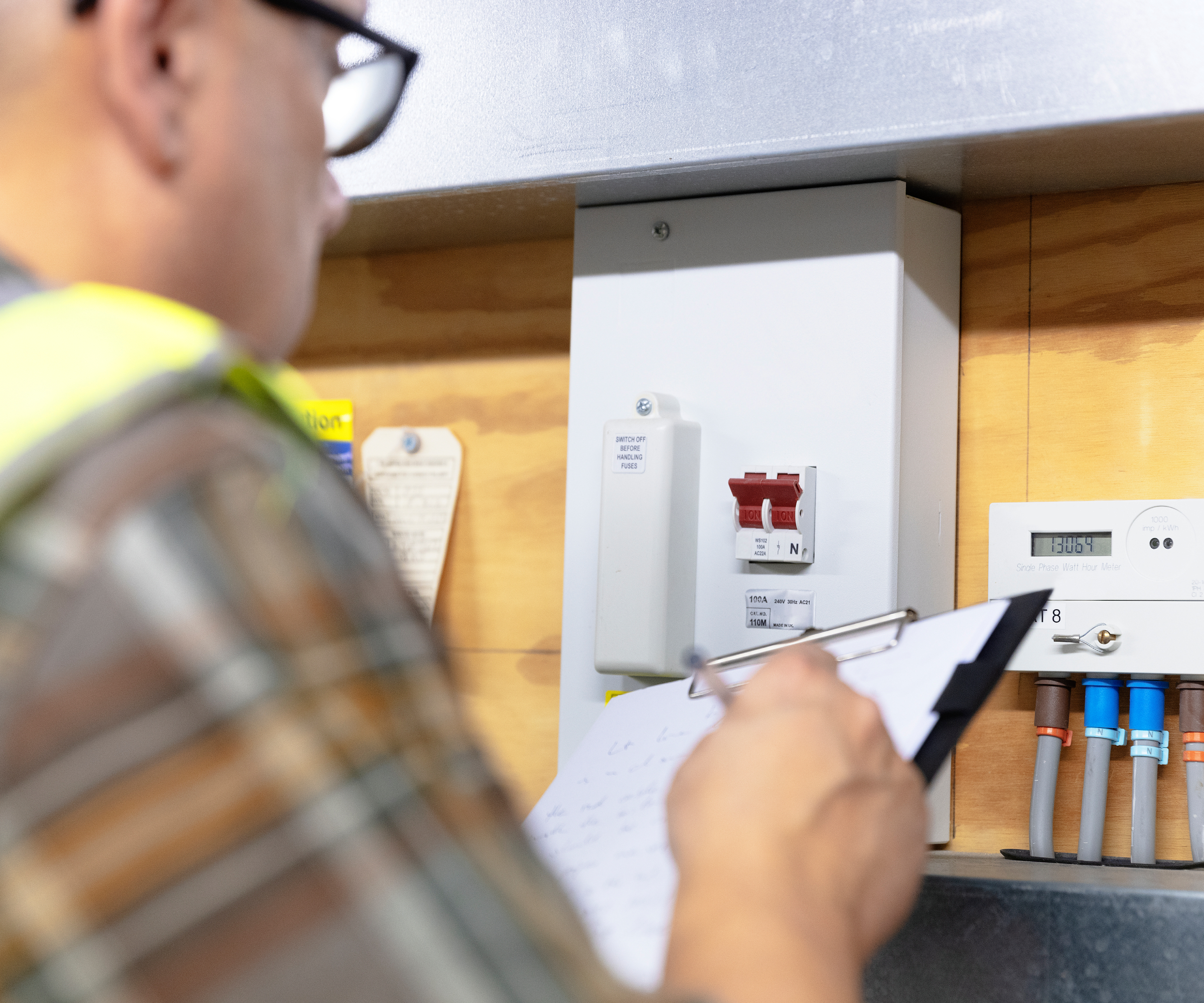 male looking at meter with clipboard in hand