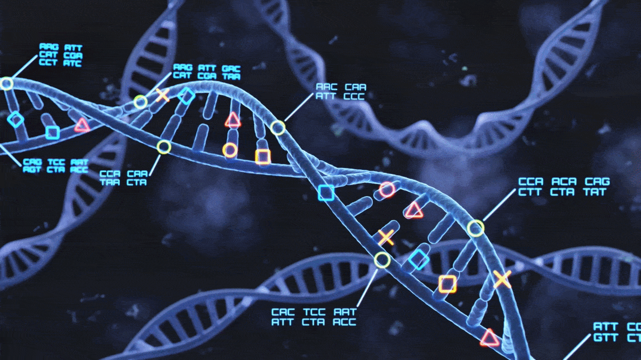 moving DNA double helix with blinking A,C,T,G denoting base pairs
